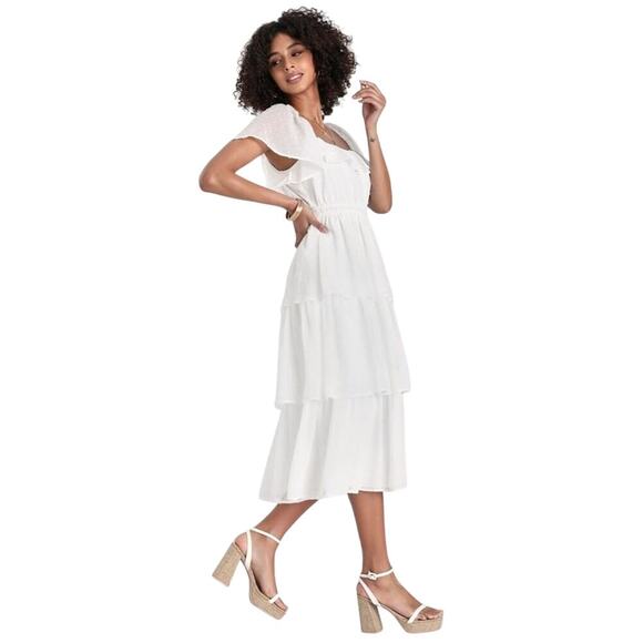 Lulus Ivory Swiss Dot Tiered Midi Dress Small Bridal Shower Summer - Picture 3 of 7